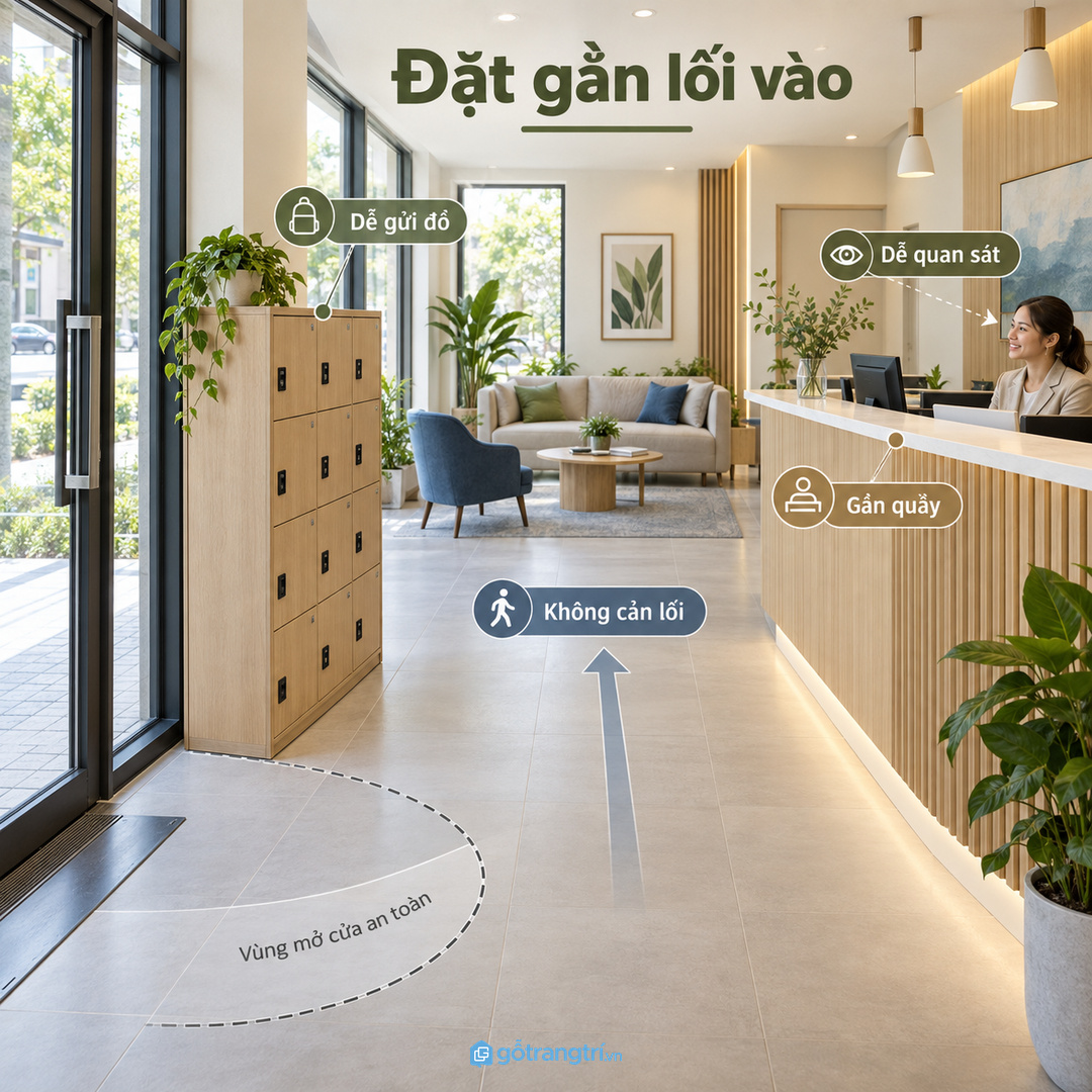 Đặt tủ gần lối vào nhưng không cản luồng di chuyển