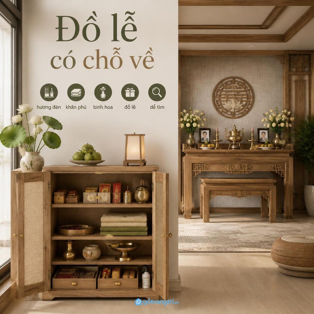 Chia khoang hương nến khăn phủ bình hoa mâm lễ và đồ lau giúp chuẩn bị lễ nhanh hơn