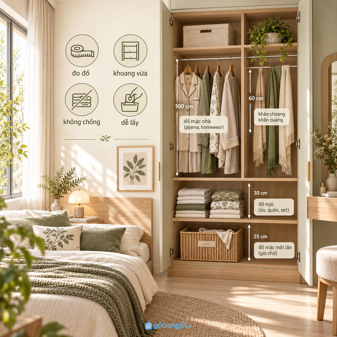 Khoang rõ ràng giúp đồ ngủ áo mặc nhà và giỏ đồ chờ có điểm về cố định