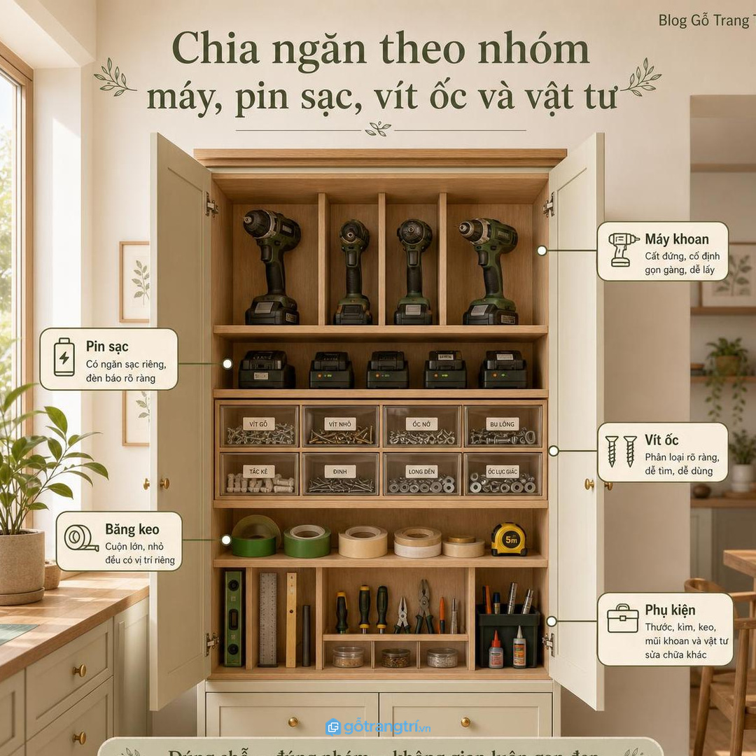 Chia ngăn theo nhóm máy, pin sạc, vít ốc và vật tư