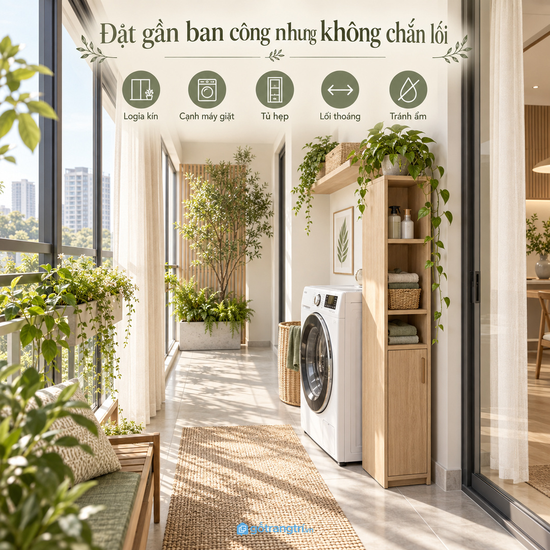 Đặt tủ gần ban công logia nhưng vẫn giữ lối đi thoáng và khô ráo