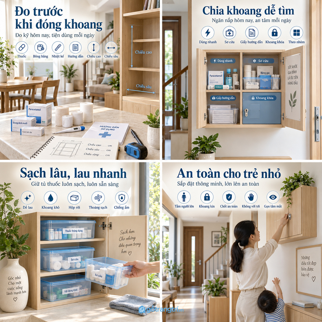 Chia tủ theo thuốc dùng nhanh vật tư sơ cứu giấy hướng dẫn và đồ cần khóa