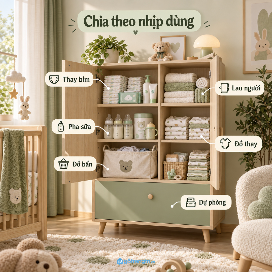 Chia khoang theo nhịp chăm bé thay bỉm lau người pha sữa và đồ dự phòng