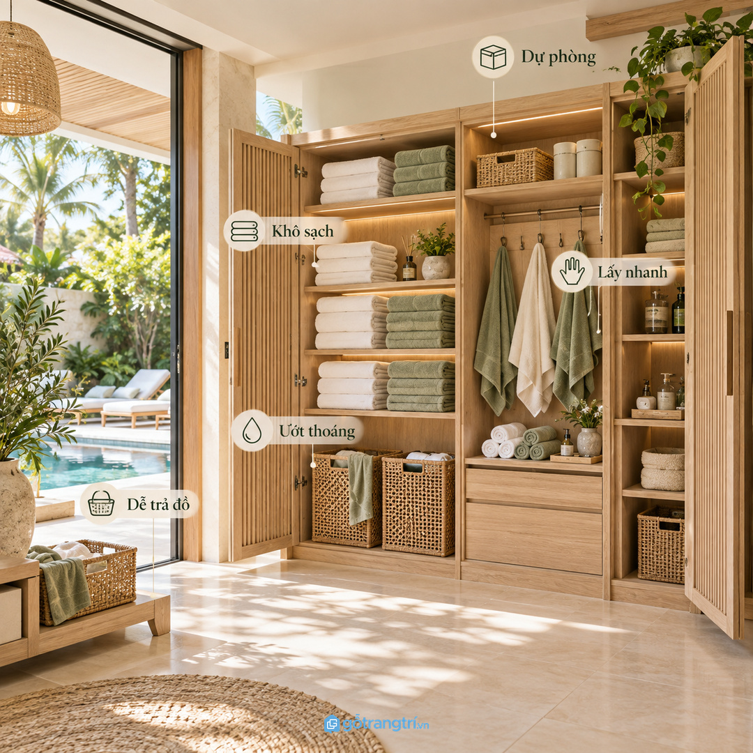 Khoang lấy nhanh nên gần phòng tắm lớn hồ bơi hoặc phòng xông hơi