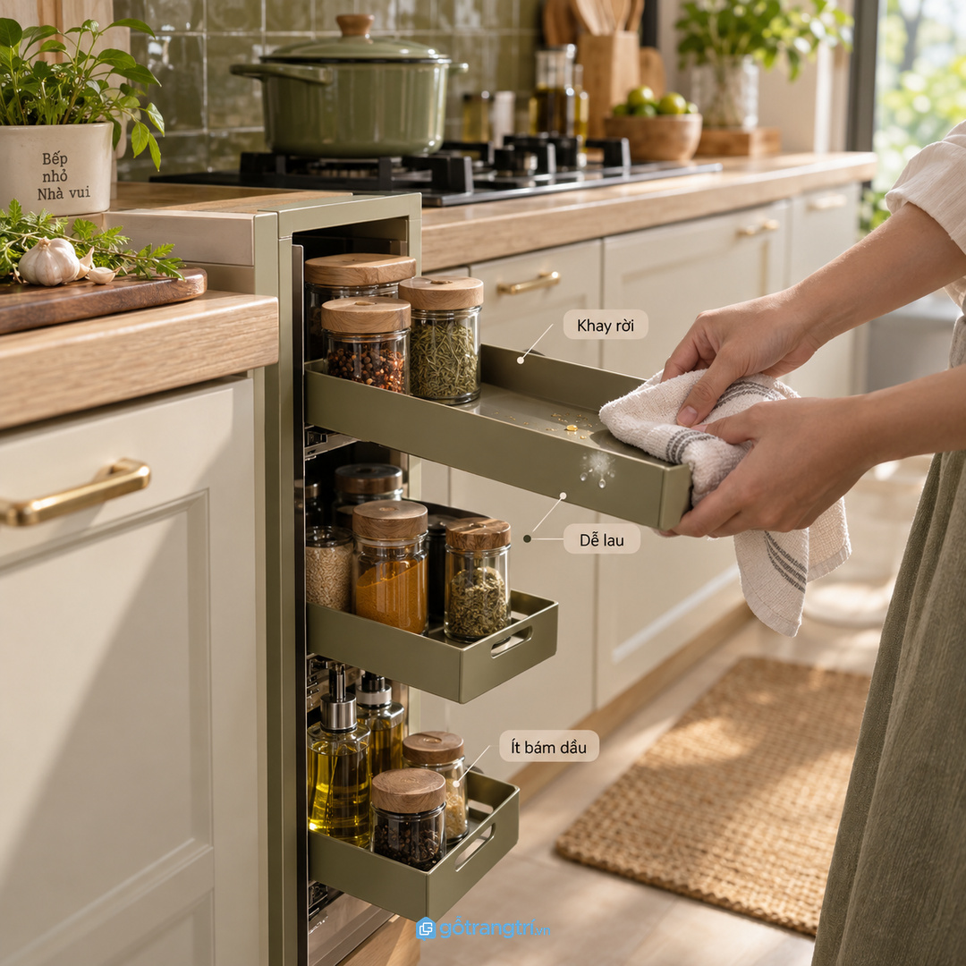 Khay rời và bề mặt dễ lau giúp tủ gia vị sạch hơn sau khi nấu