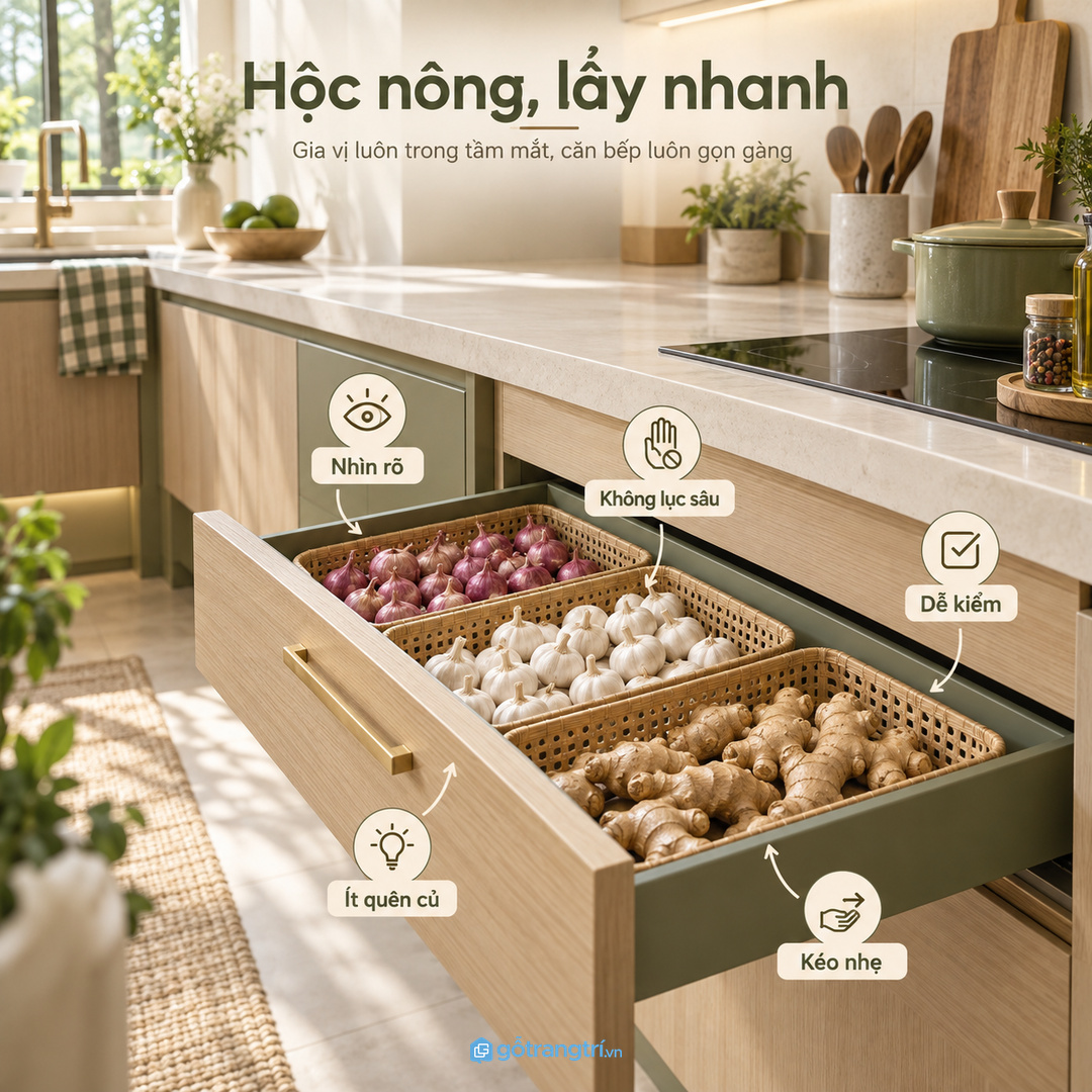 Hộc kéo nông giúp nhìn thấy củ, lấy nhanh và không quên đồ bên trong