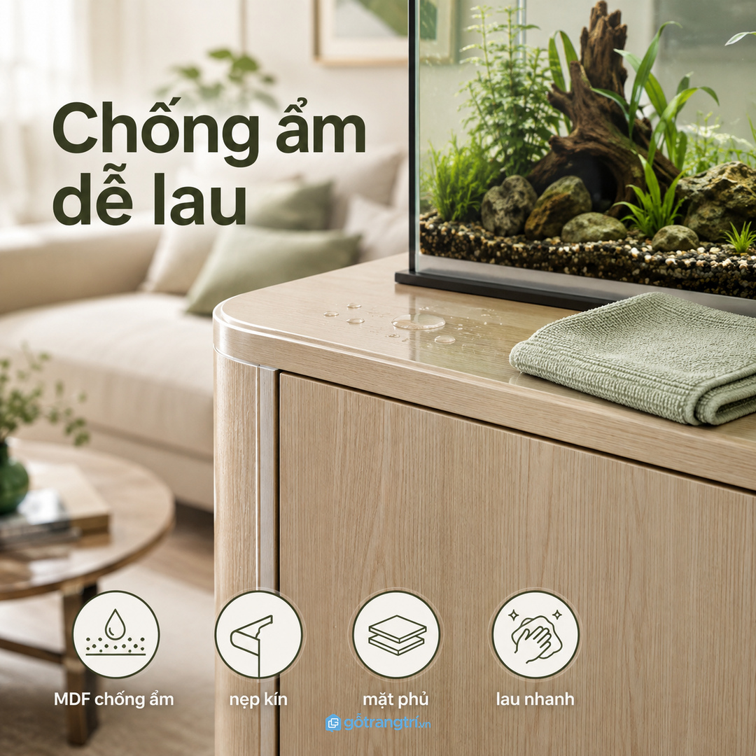 Vật liệu chống ẩm và cạnh nẹp kín giúp tủ bền hơn khi chăm hồ cá