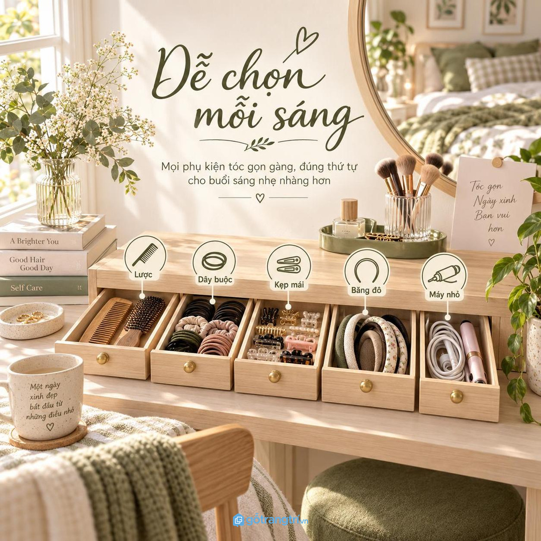 Chia ngăn theo nhóm kẹp tóc, dây buộc, băng đô, lược và máy nhỏ