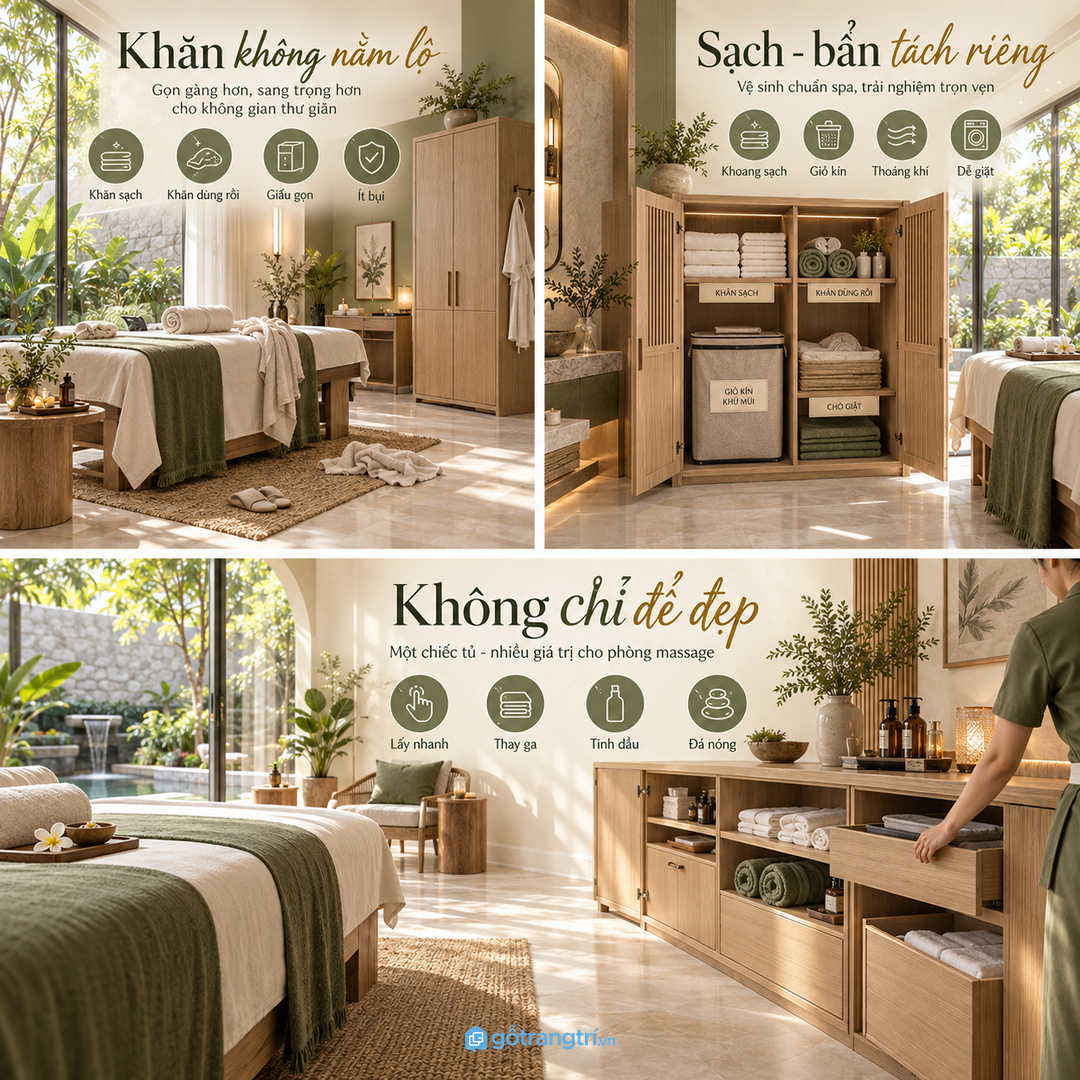 Vật liệu dễ lau giúp tủ khăn spa sạch hơn sau mỗi lần trị liệu