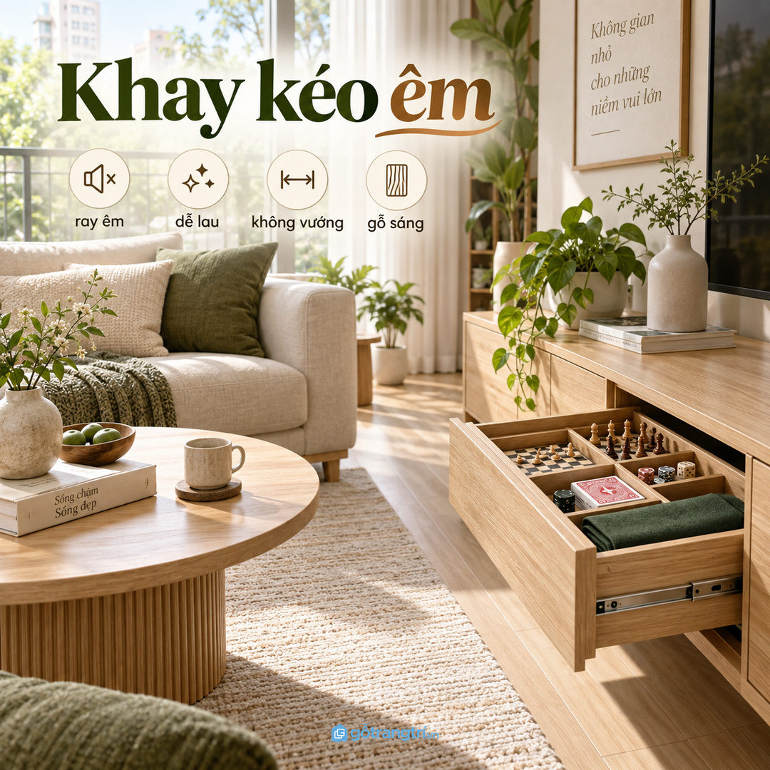 Khay kéo êm, bề mặt dễ lau và chiều sâu vừa phải giúp tủ dùng bền hơn