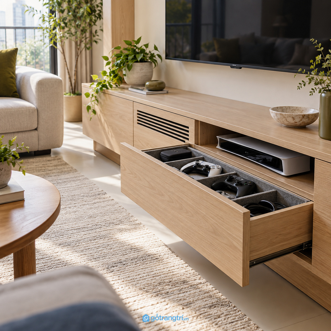Cánh kín hộc kéo giúp phụ kiện nhỏ không nằm lẫn trên bàn trà
