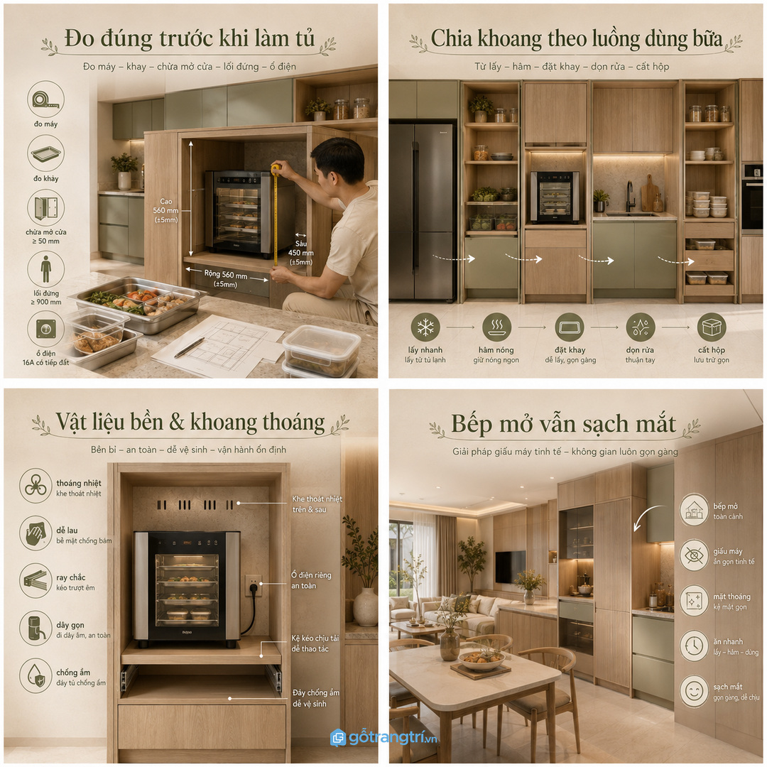 Chia khoang theo luồng lấy đồ, hâm nóng, đặt khay và dọn rửa