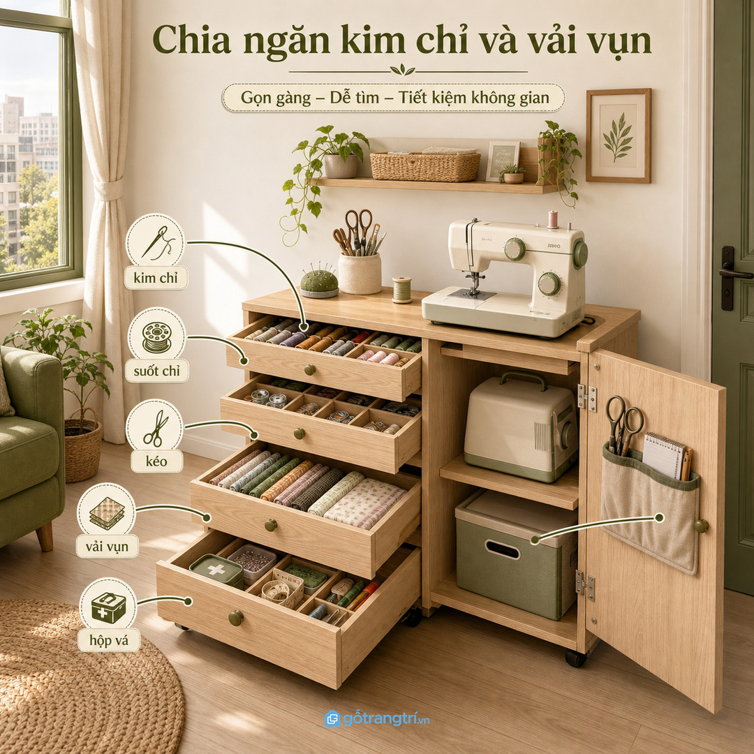 Chia ngăn riêng cho kim chỉ, suốt chỉ, kéo, vải vụn và hộp vá