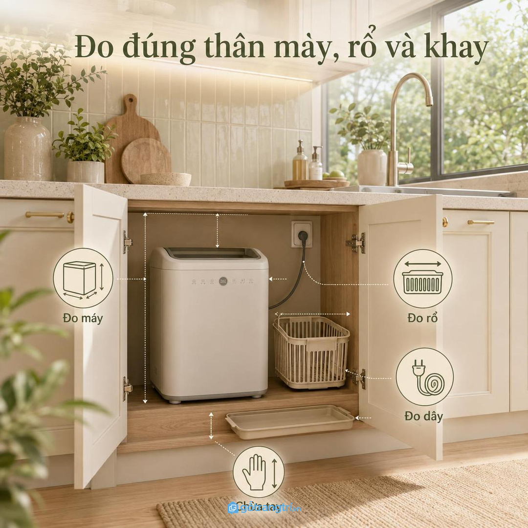 Đo đúng thân máy, rổ quay, khay hứng và khoảng tay nhấc trước khi làm tủ