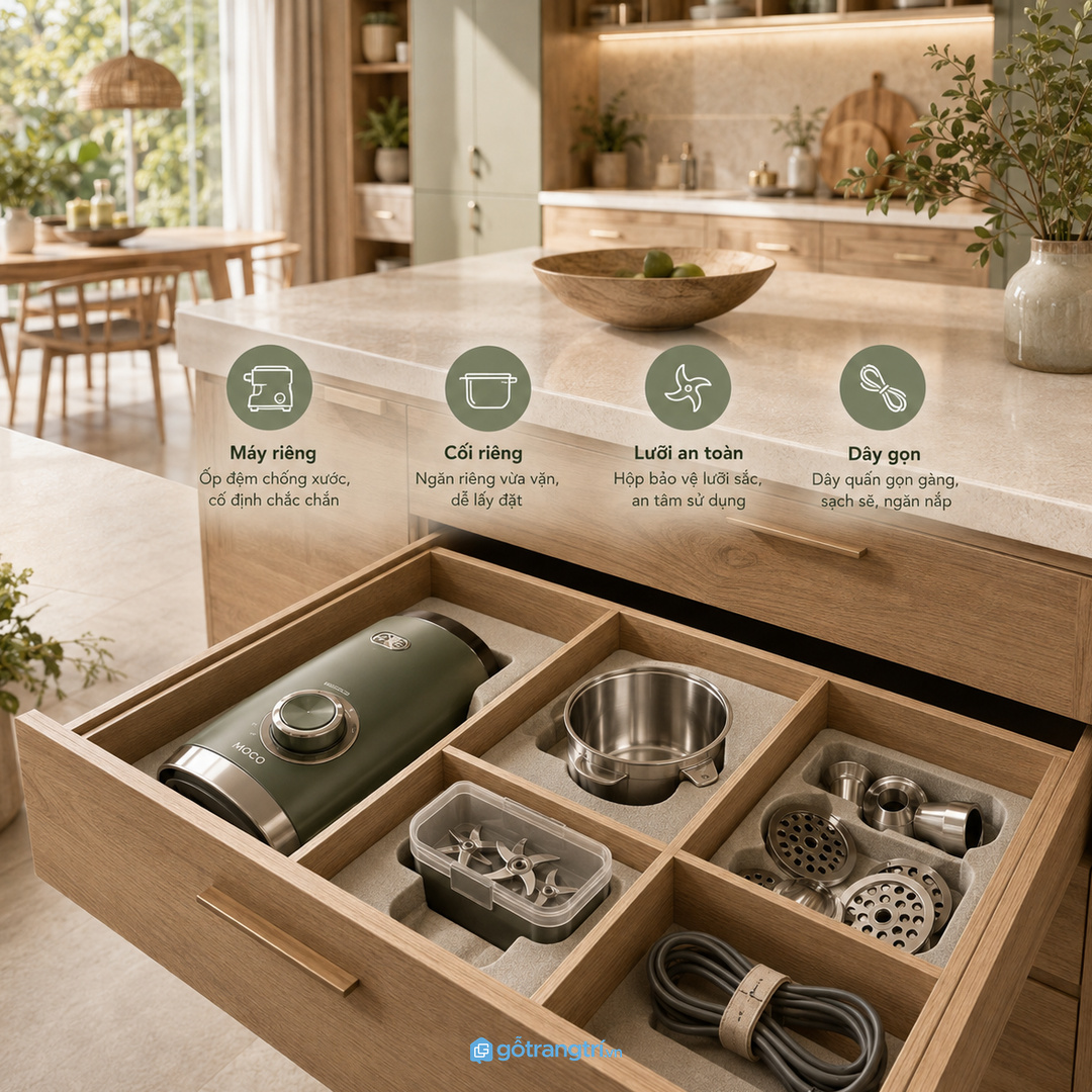 Chia khoang cho máy, cối, lưỡi dao và dây điện