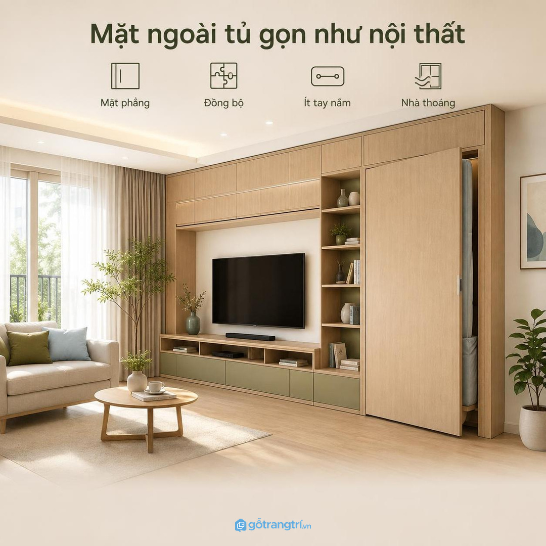 Mặt ngoài tủ nệm gấp nên phẳng đồng bộ và ít tay nắm để nhà phố nhỏ vẫn thoáng