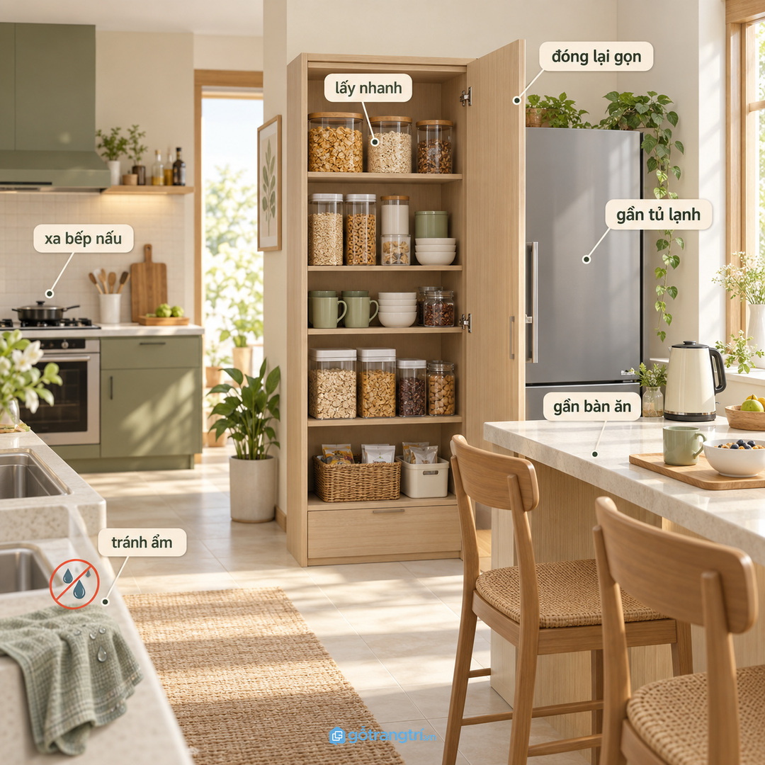 Đặt gần khu chuẩn bị bữa sáng nhưng tránh vùng ẩm và dầu mỡ