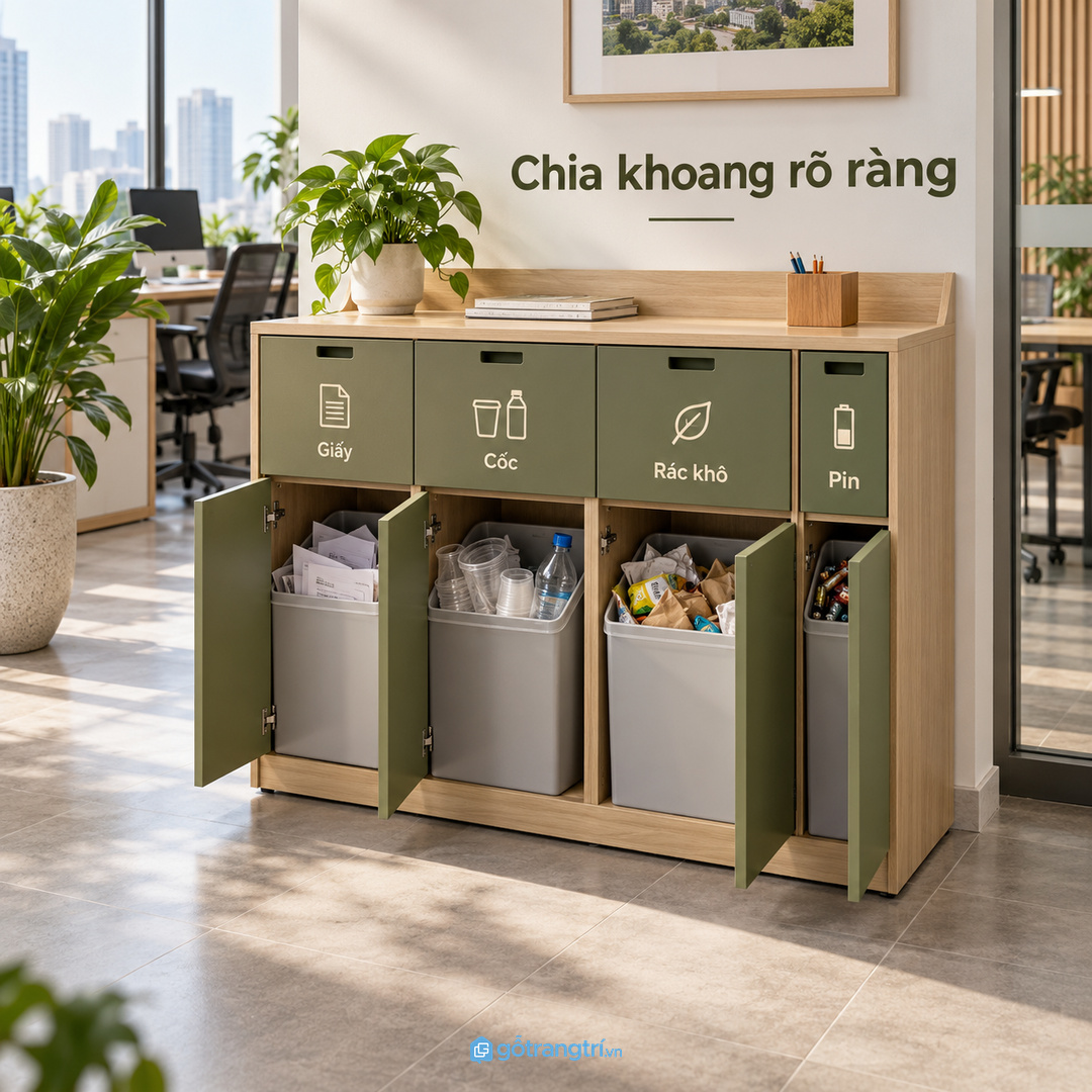 Khoang riêng cho giấy cốc chai nhựa rác khô và pin cũ giúp dễ bàn giao