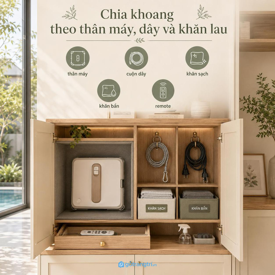 Chia khoang theo thân máy dây khăn remote và bình xịt giúp tủ dễ kiểm hơn