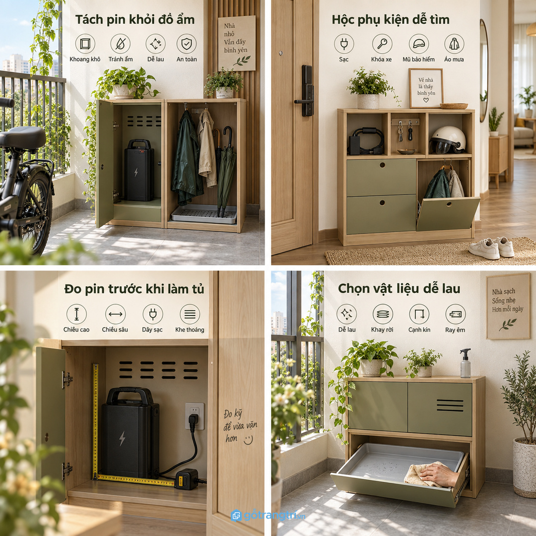 Đo đúng kích thước pin dây sạc và khe thoáng trước khi đặt làm tủ