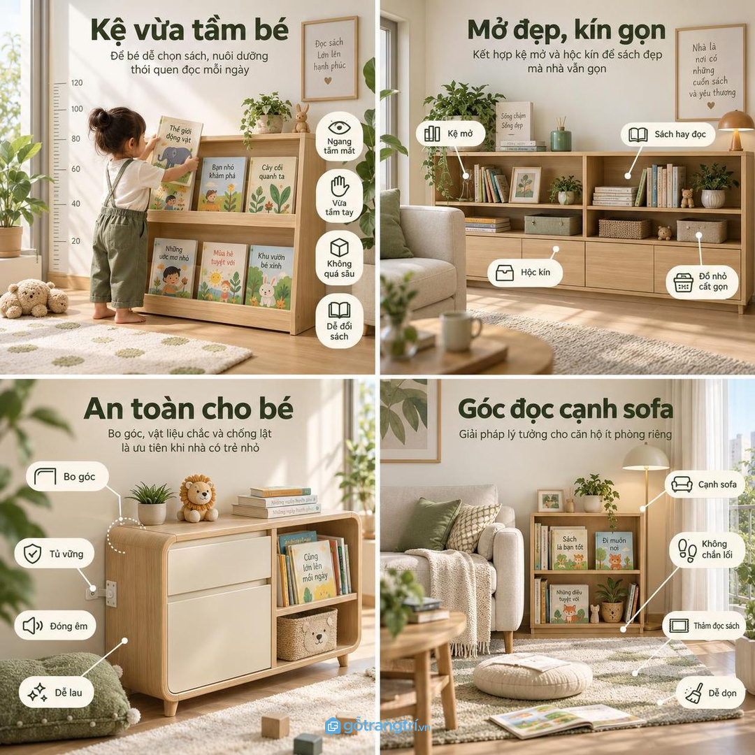 Kết hợp kệ mở và hộc kín để sách đẹp mà nhà vẫn gọn