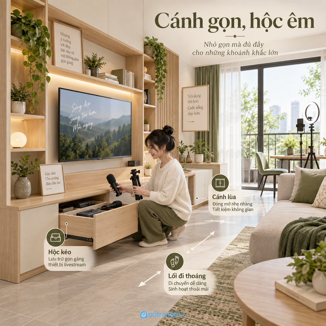 Hộc kéo, cánh lùa và khoang mở nên chọn theo vị trí sofa và lối đi