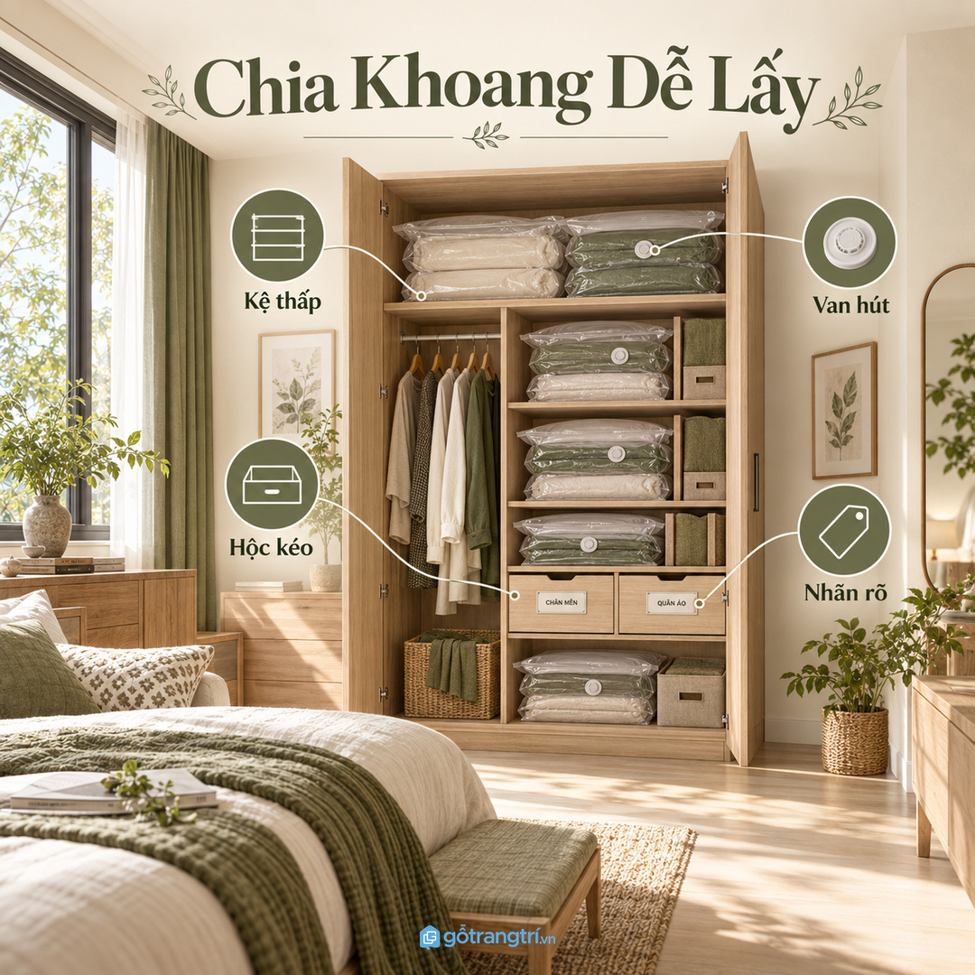 Chia khoang thấp cao hộc kéo và nhãn rõ giúp túi hút dễ lấy hơn