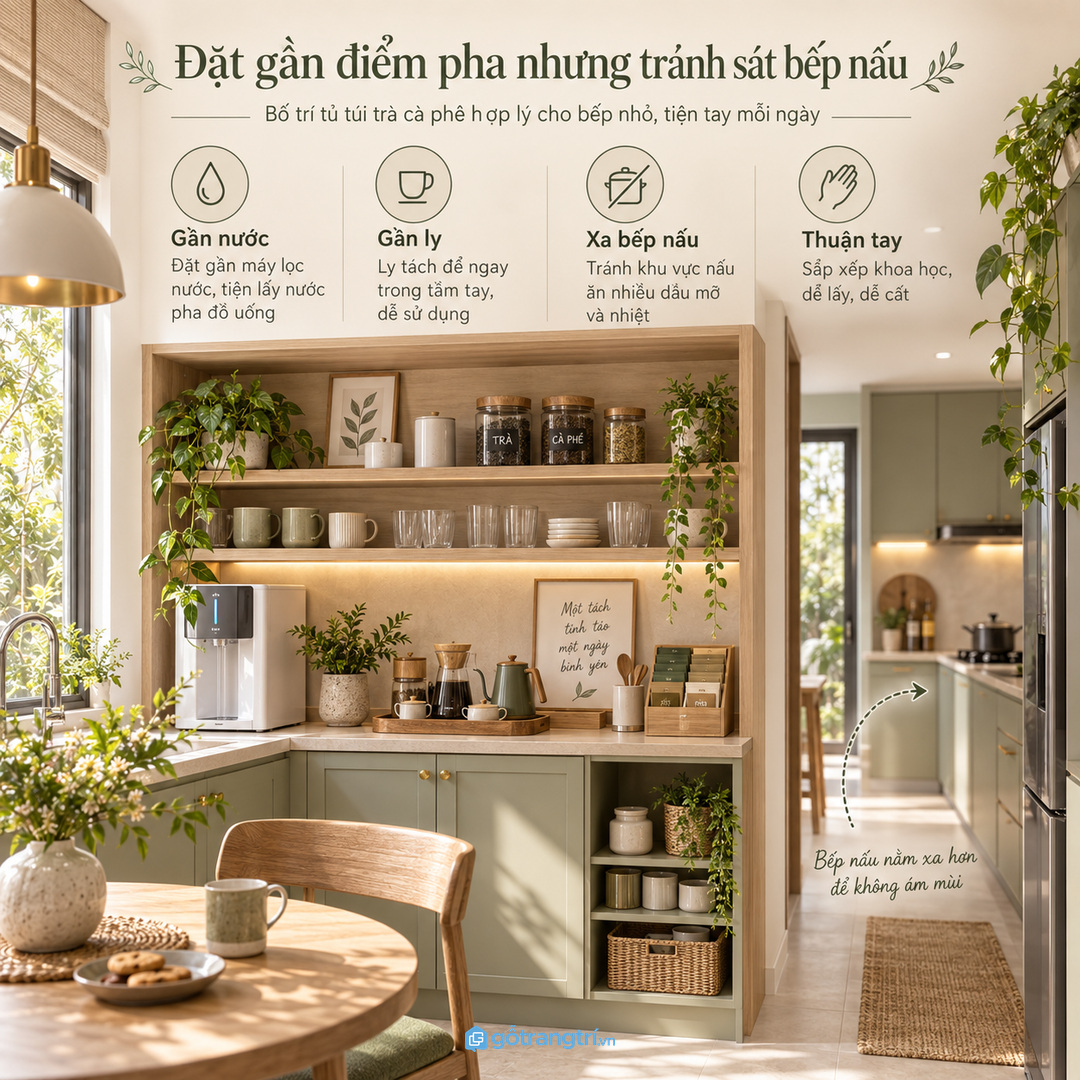 Đặt khoang trà cà phê gần điểm pha nhưng tránh sát bếp nấu