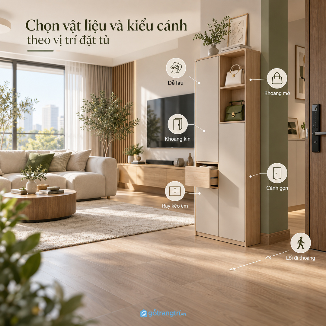 Chọn vật liệu dễ lau cánh gọn và khoang kín mở đúng vị trí