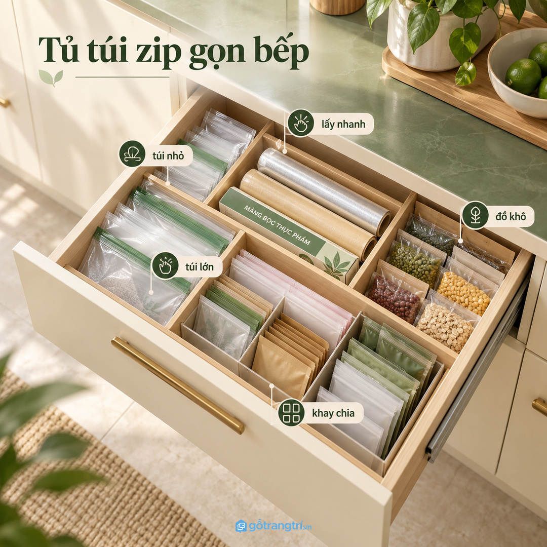 Khay chia ngăn giúp túi đứng gọn không xô lệch