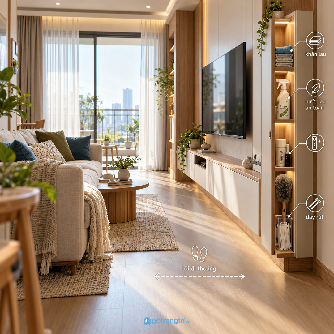 Tủ mỏng cạnh kệ tivi phù hợp phòng khách nhỏ cần giữ mặt bằng thoáng