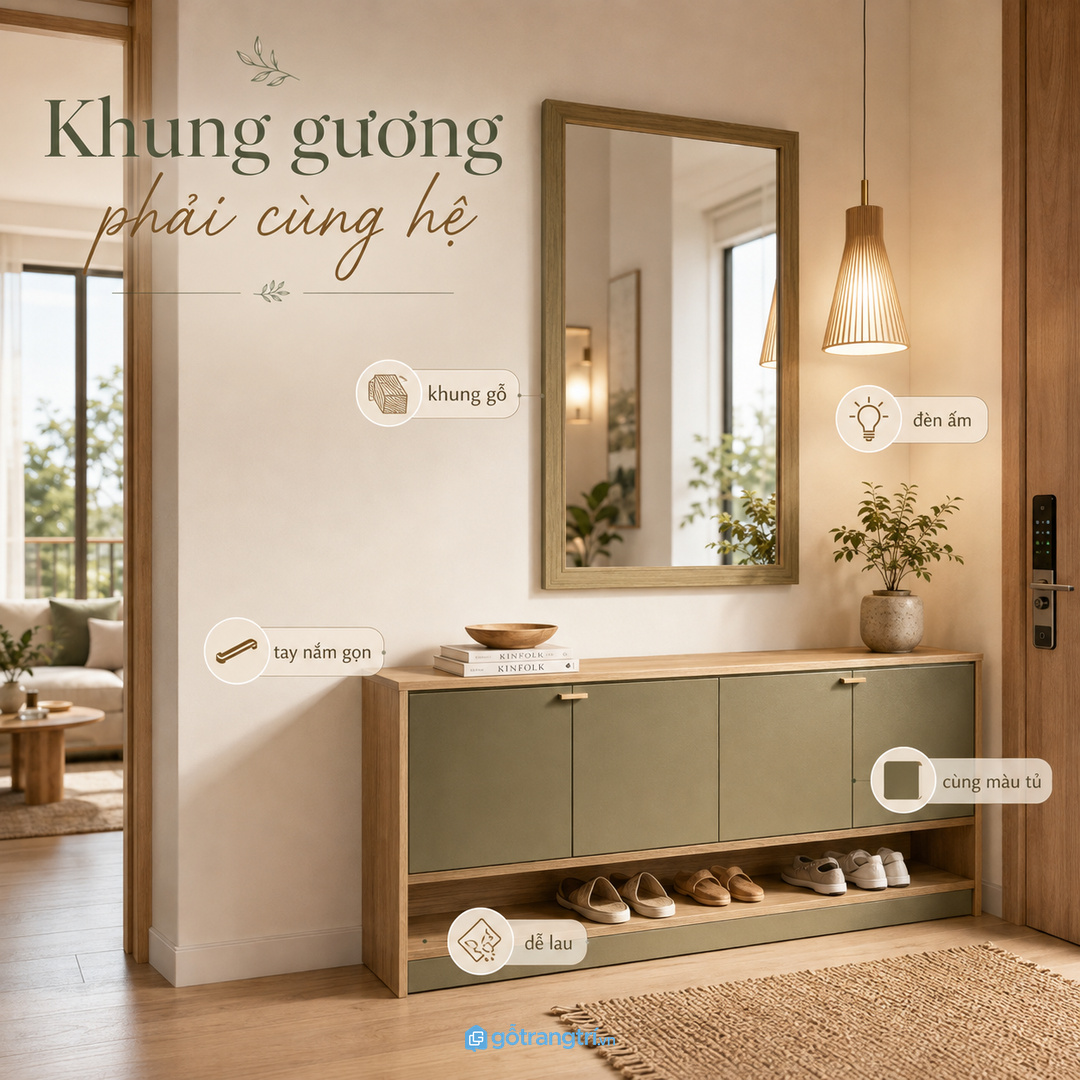 Khung gương, đèn và tủ giày nên đi cùng một hệ màu vật liệu