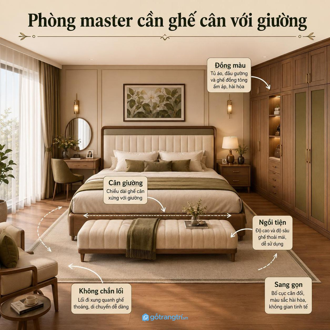 Phòng ngủ master cần ghế cuối giường cân với giường, đồng màu và không chắn lối