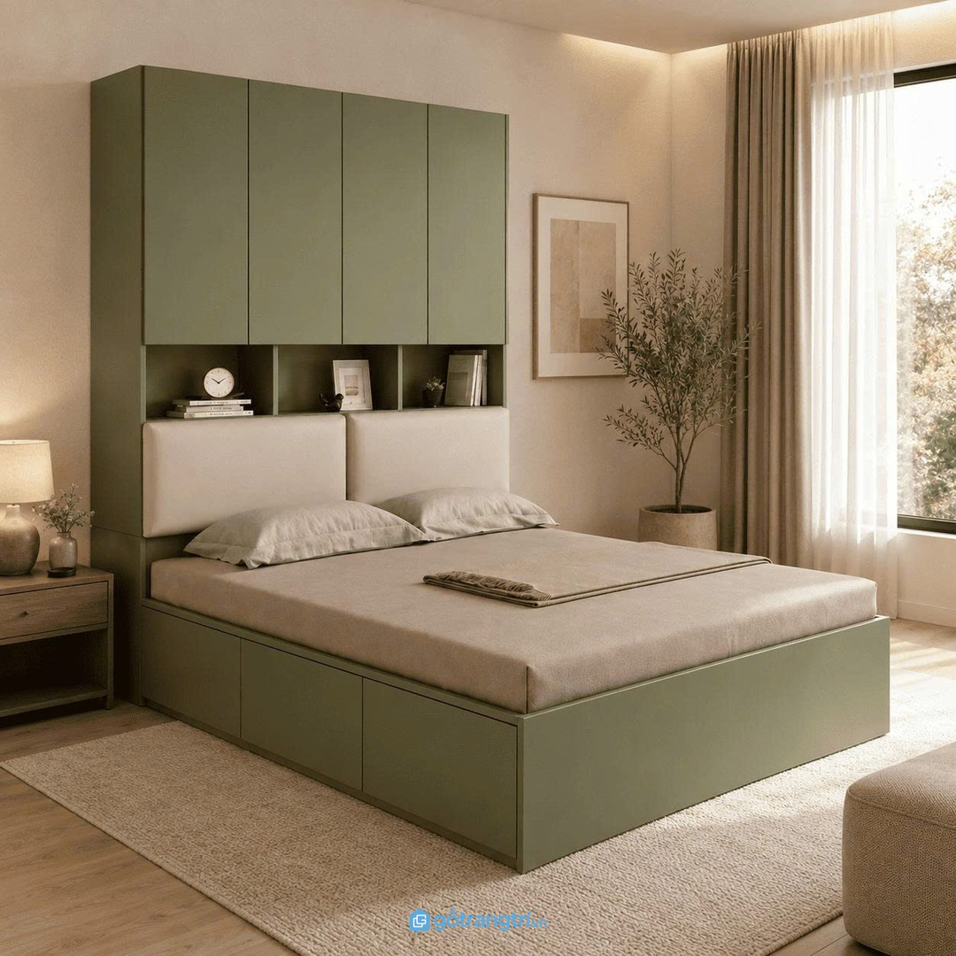 Màu gỗ sáng và xanh olive tạo cảm giác dịu mắt cho phòng nghỉ