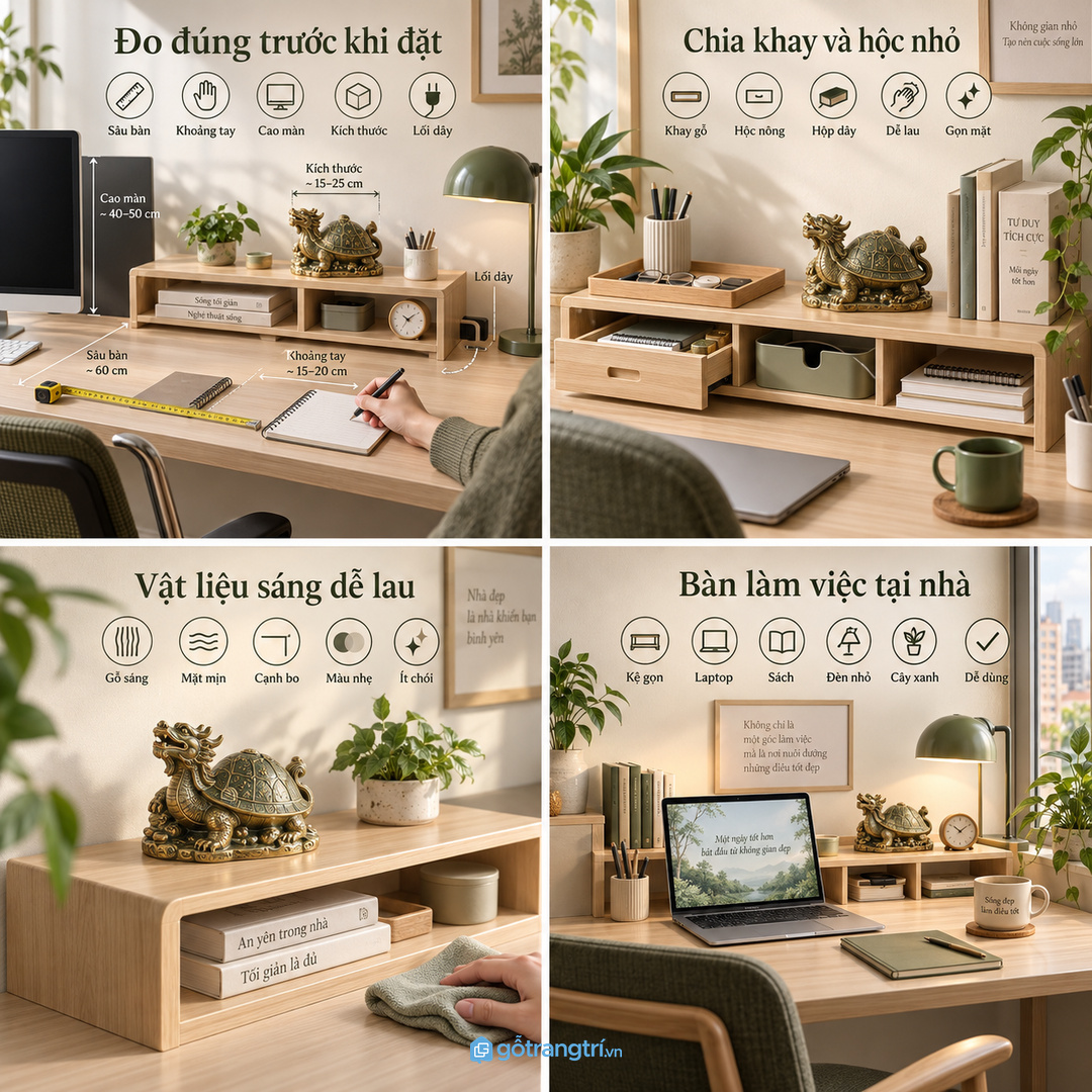 Khay gỗ hộc nông và hộp dây sạc giúp bàn làm việc dễ giữ nếp