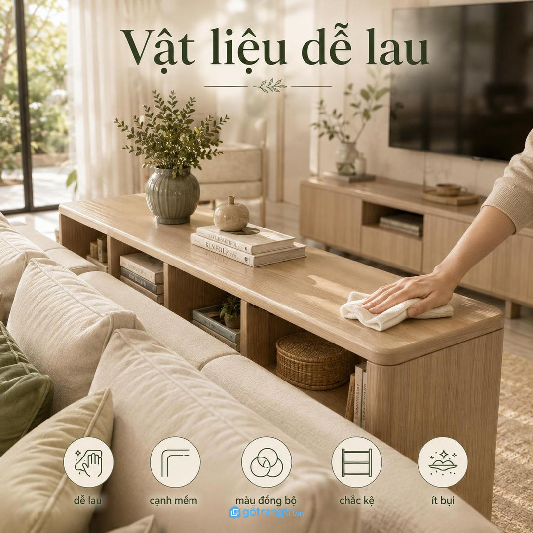 Màu kệ đồng bộ sofa sàn và tường giúp phòng khách nhỏ gọn mắt hơn