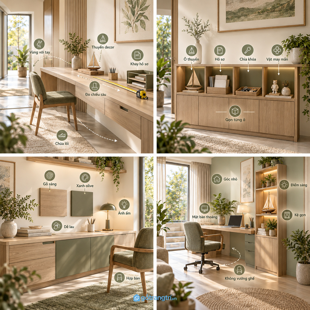 Vật liệu màu gỗ sáng và xanh olive giúp góc làm việc dịu mắt