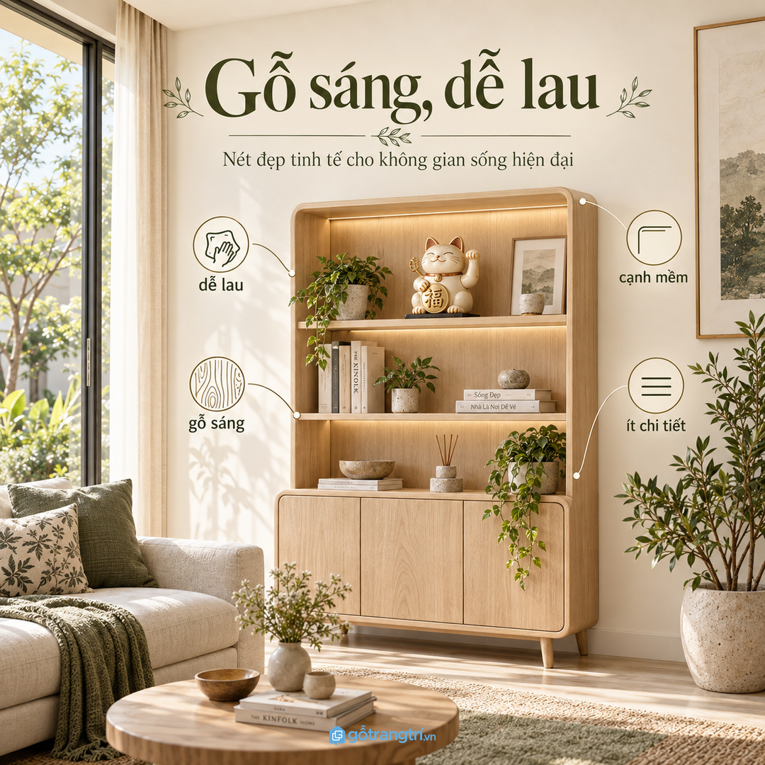 Gỗ sáng và bề mặt dễ lau giúp kệ sạch lâu hơn