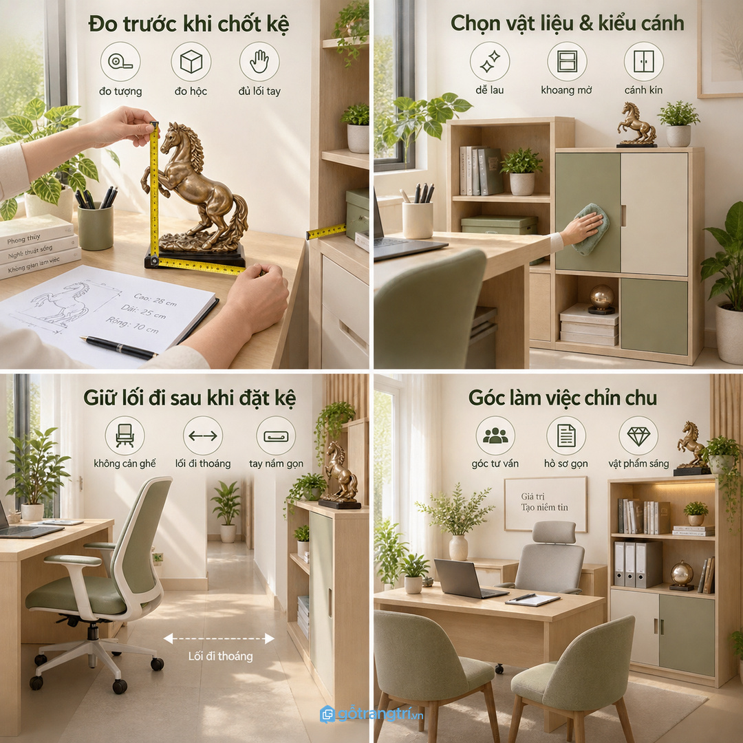 Kệ mỏng cạnh bàn không cản ghế và giữ lối đi thoáng