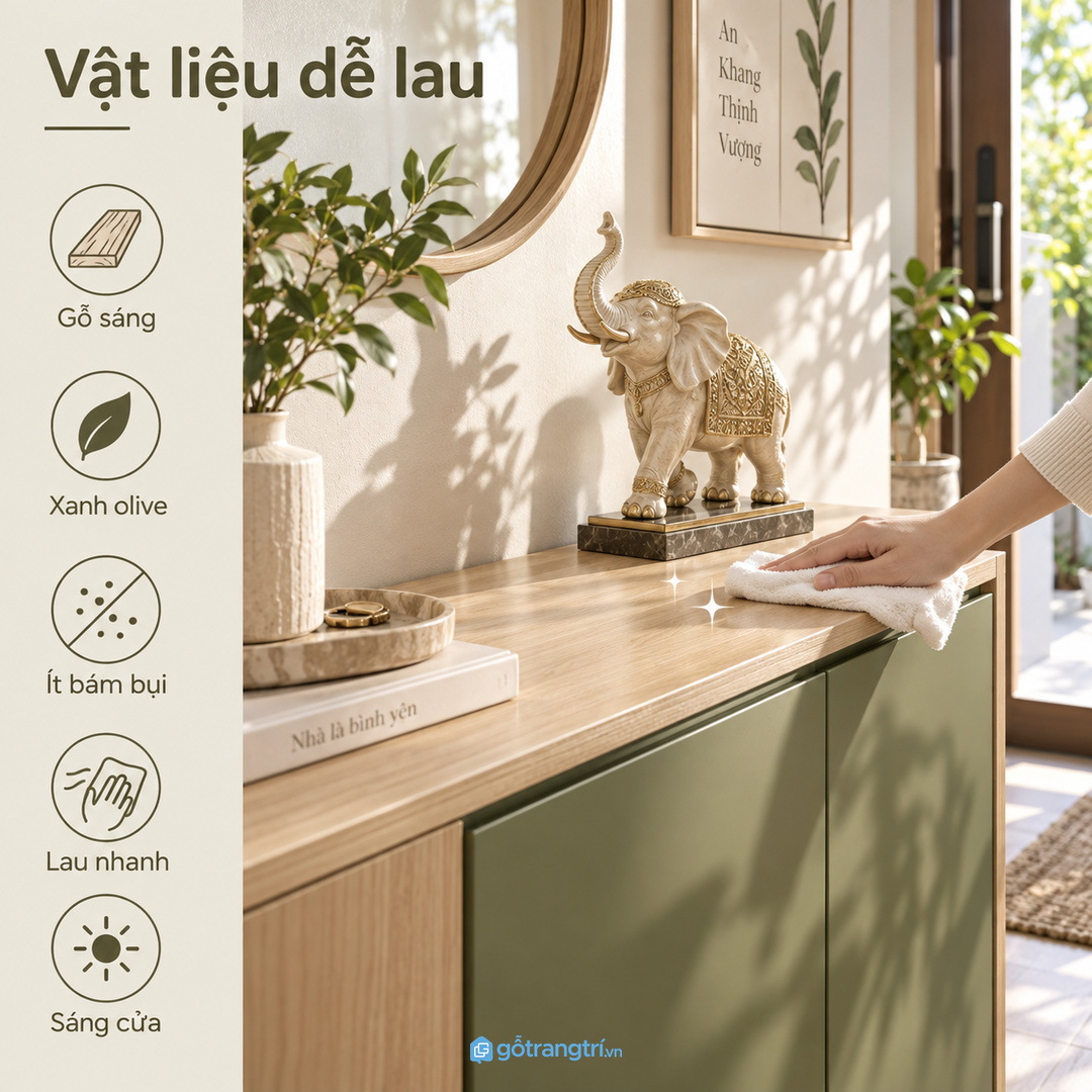 Vật liệu màu gỗ sáng và xanh olive giúp kệ dễ lau, dịu mắt