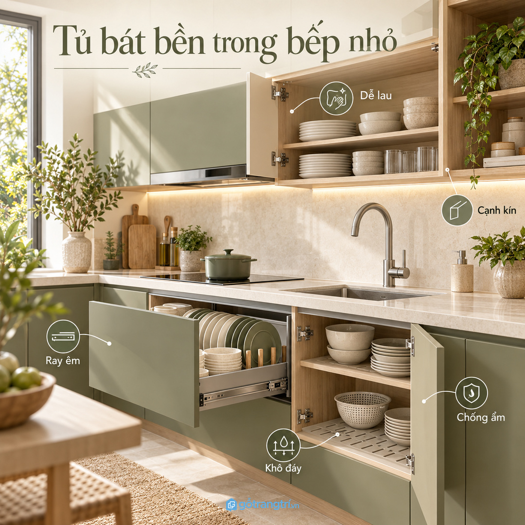 Vật liệu và phụ kiện quyết định tủ bát có bền trong bếp nhỏ