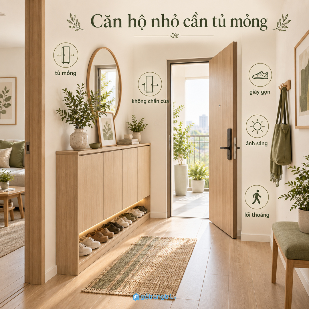 Căn hộ nhỏ cần tủ mỏng không chắn cửa và giữ giày dép gọn