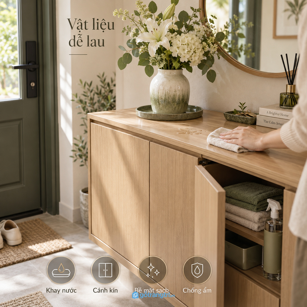 Vật liệu dễ lau giúp mặt tủ luôn sạch khi có nước từ bình hoa