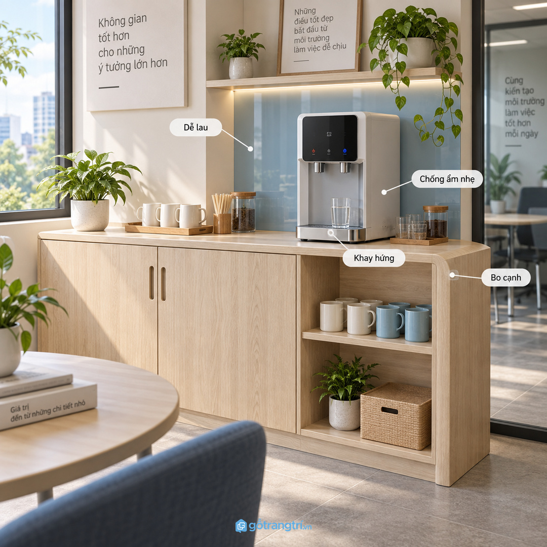 Vật liệu quanh khu nước uống cần dễ lau chống ẩm nhẹ và chịu va chạm
