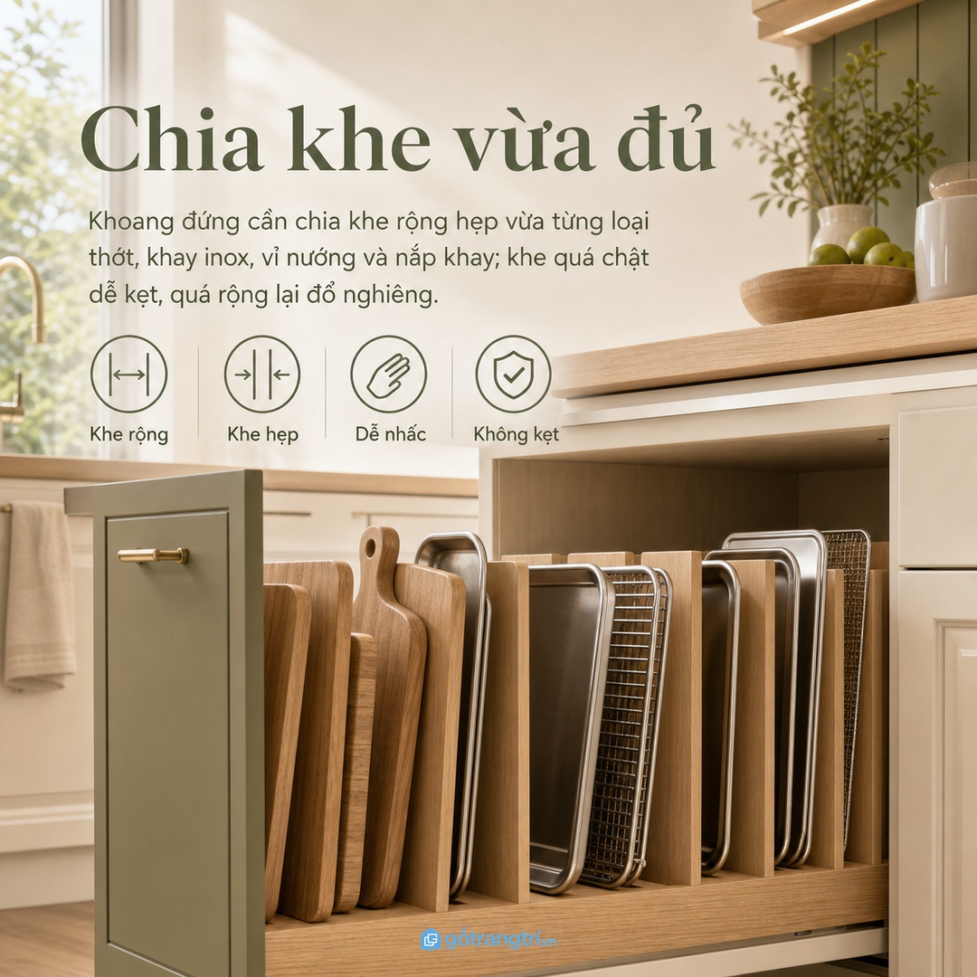 Chia khe vừa đủ giúp thớt và khay đứng chắc, dễ nhấc