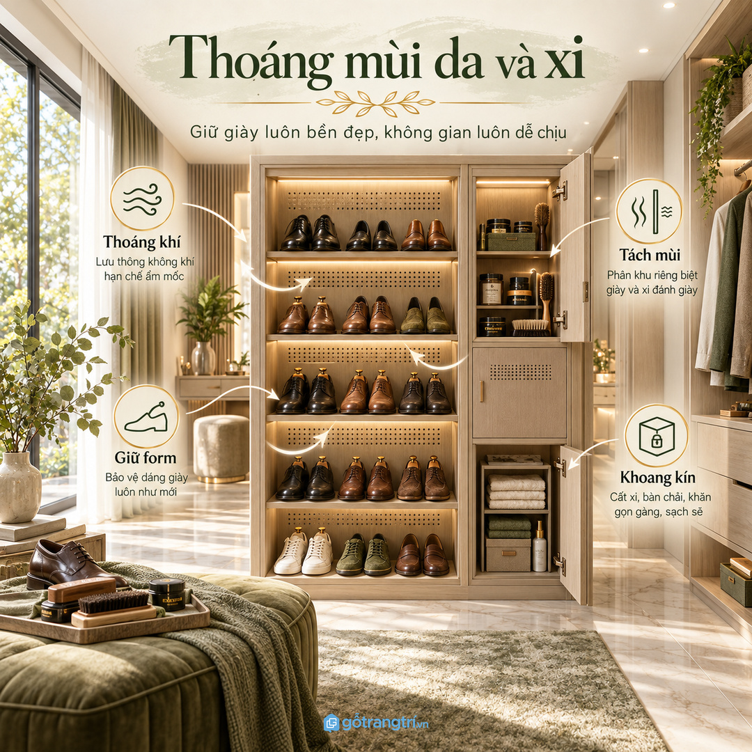 Khoang thoáng mùi giúp giày da xi và khăn lau không làm phòng master bí mùi