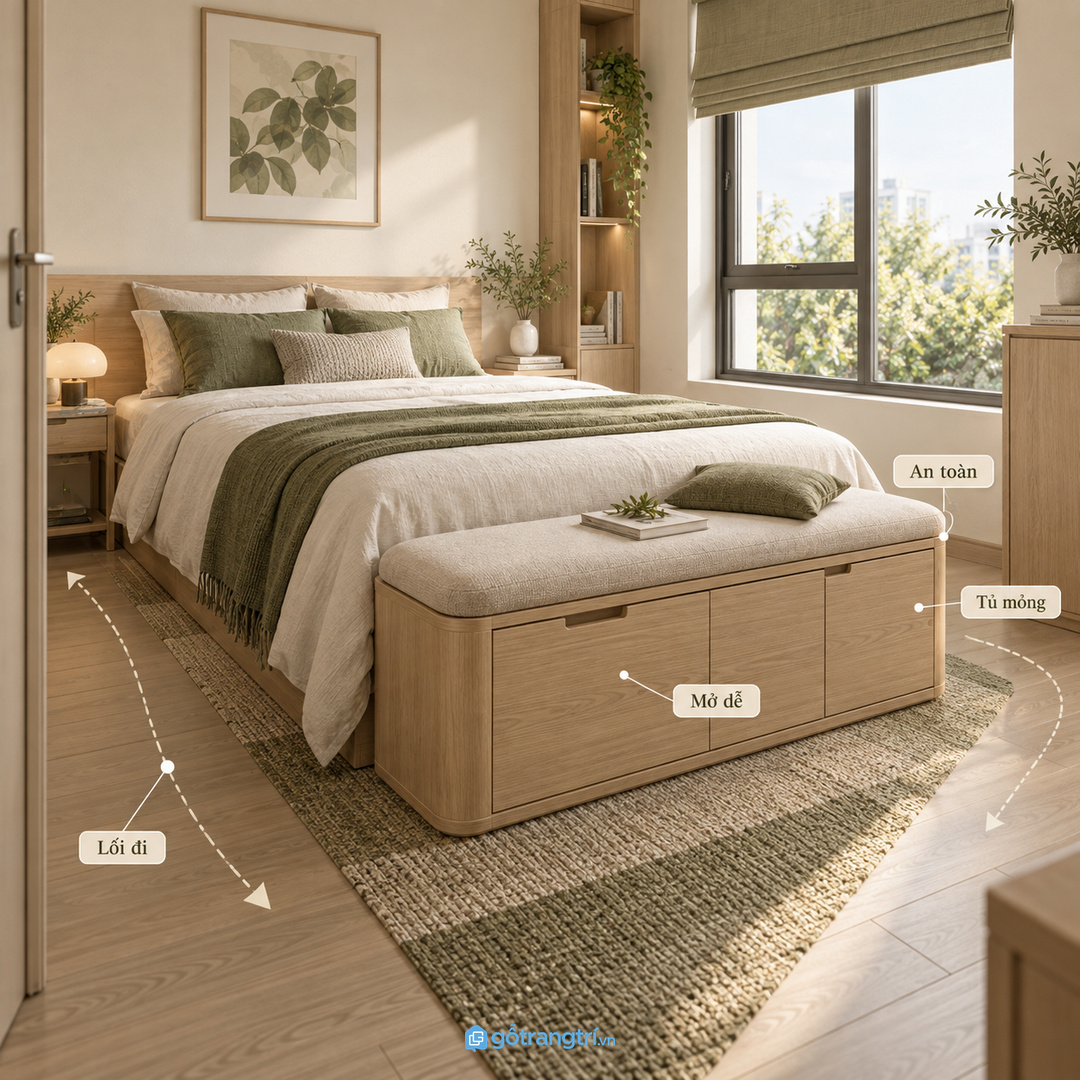 Tủ mỏng giữ lối đi quanh giường thoáng và an toàn