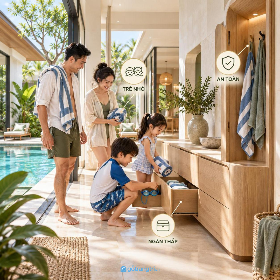 Chia vùng cho khăn, kính bơi, phao, kem chống nắng và dép
