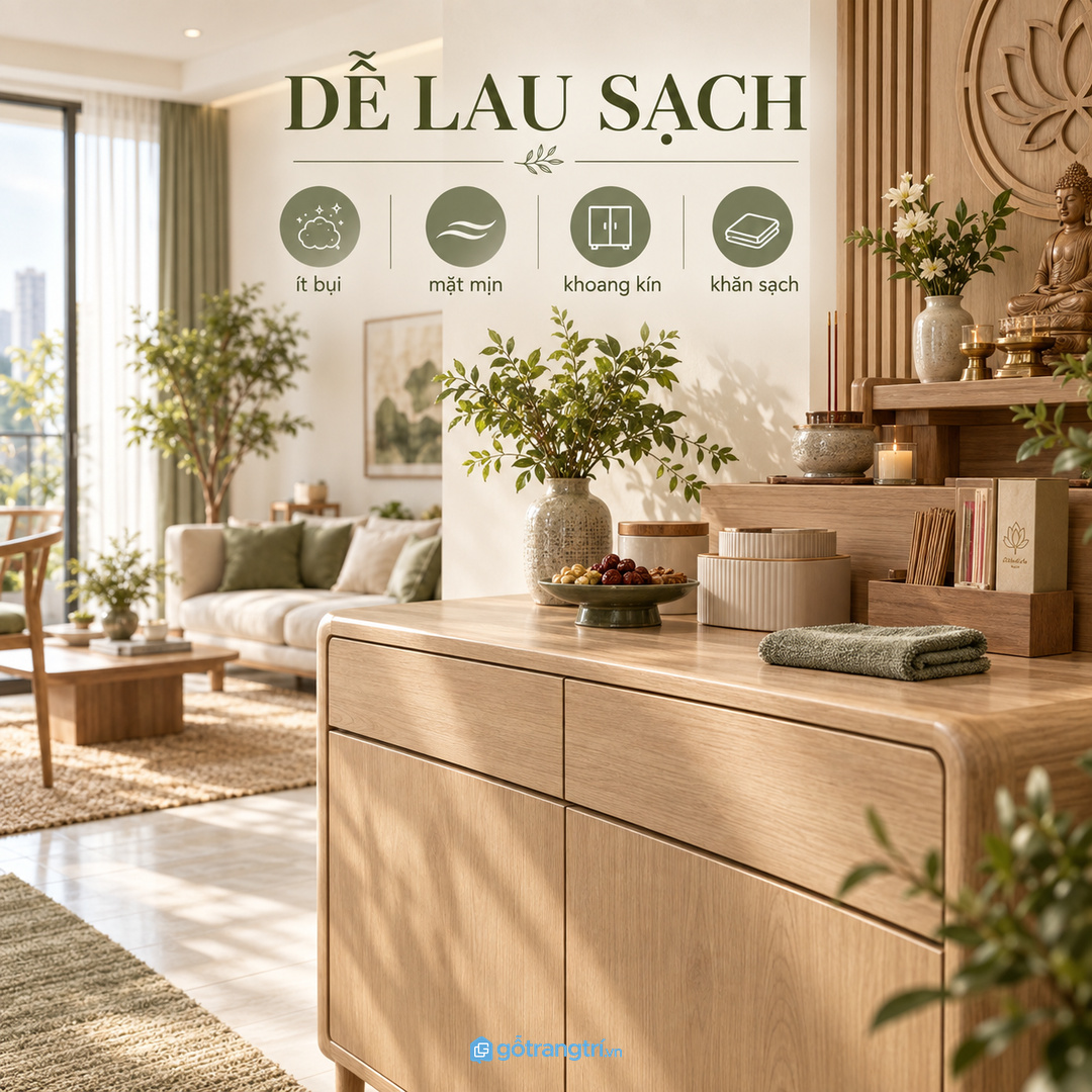 Vật liệu dễ lau giúp khu thờ gọn sạch và ít bám bụi hơn