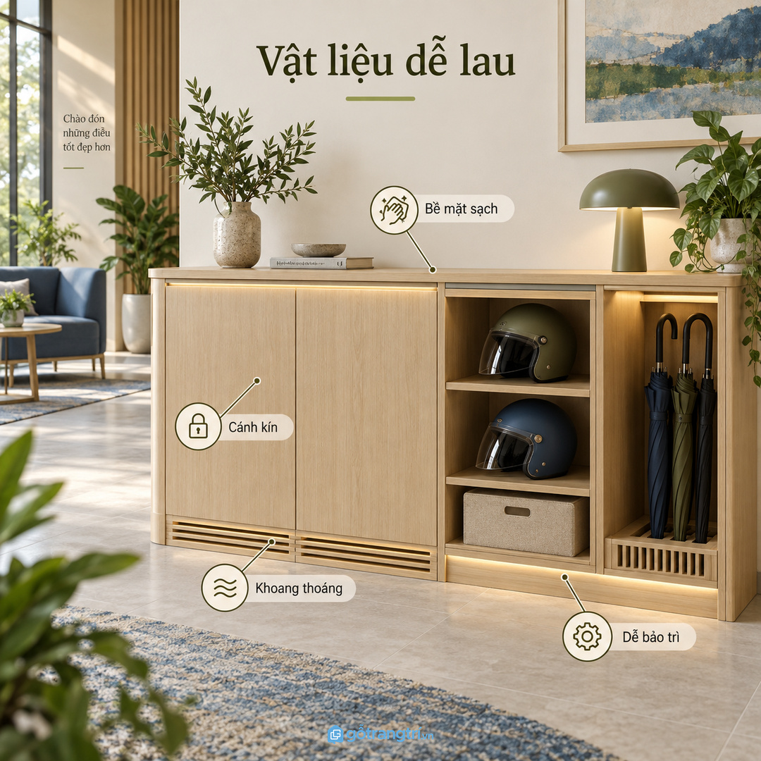 Vật liệu dễ lau và khoang thoáng giúp tủ khách sạch hơn khi dùng mỗi ngày